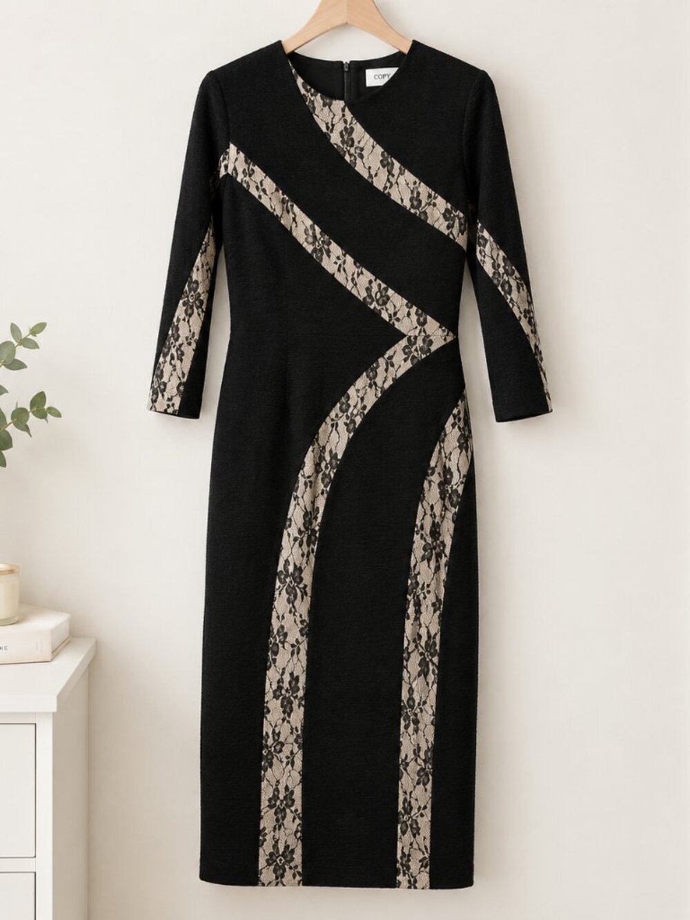Black Floral Lace Panel Long Sleeve Midi Dress Size 4